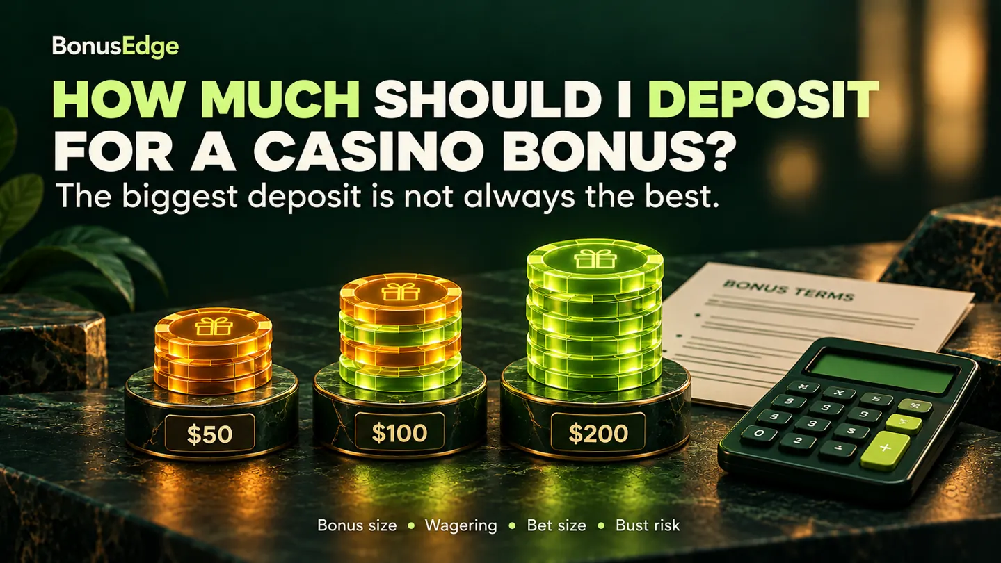 Comparing $50, $100 and $200 casino bonus deposits alongside a calculator and bonus terms.