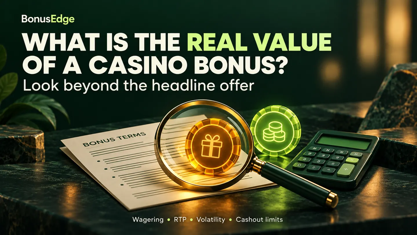 Examining casino bonus terms with a magnifying glass, bonus tokens and calculator to understand real value.