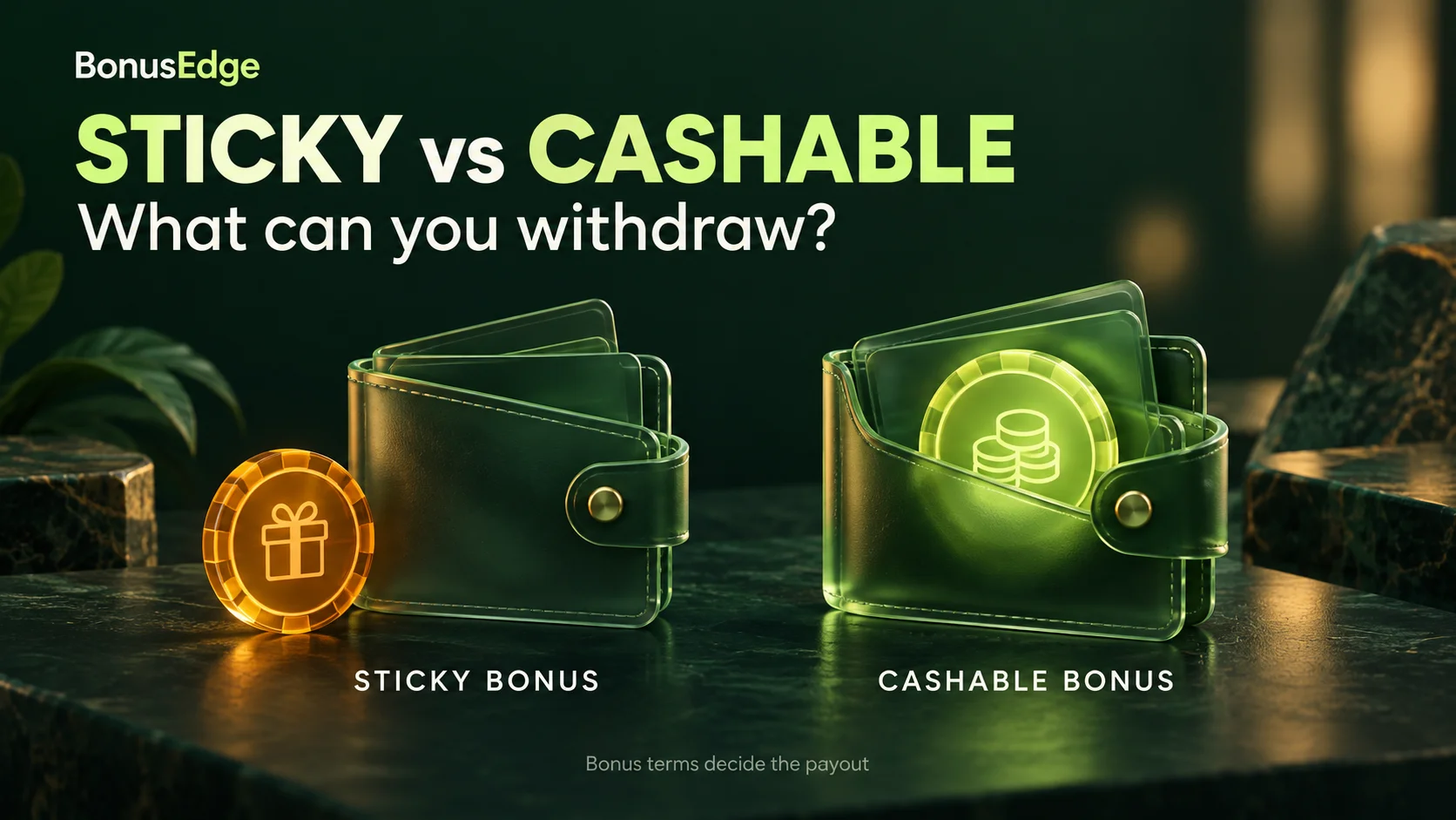Sticky versus cashable casino bonuses illustrated with two wallets and bonus tokens.